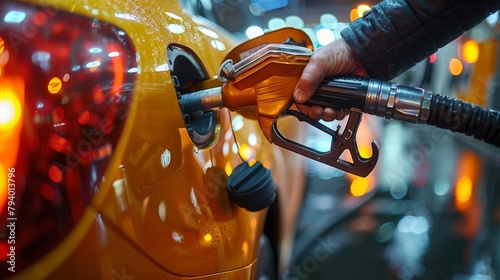 Mans hand squeezes the gas pump nozzle as he fills his car with gasoline photo