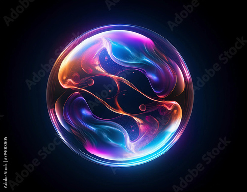Uma bola de cristal cristalina refletindo cores diversas, com fundo preto. photo