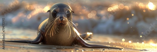 Sea lion resting on a sandy beach, its smooth fur glistening in the sun