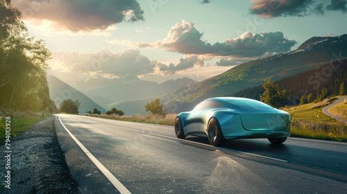 Futuristic hydrogen fuel cell vehicle on a scenic road, green transportation, carbon-neutral mobility
