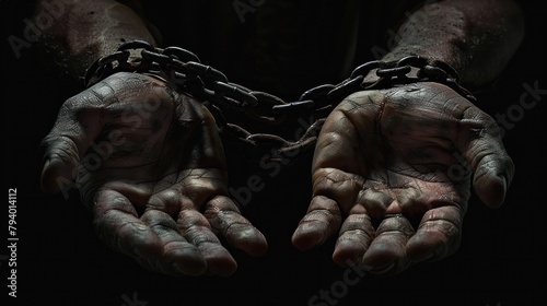 Male hands in chain handcuffs. Independence concept. © Oulaphone