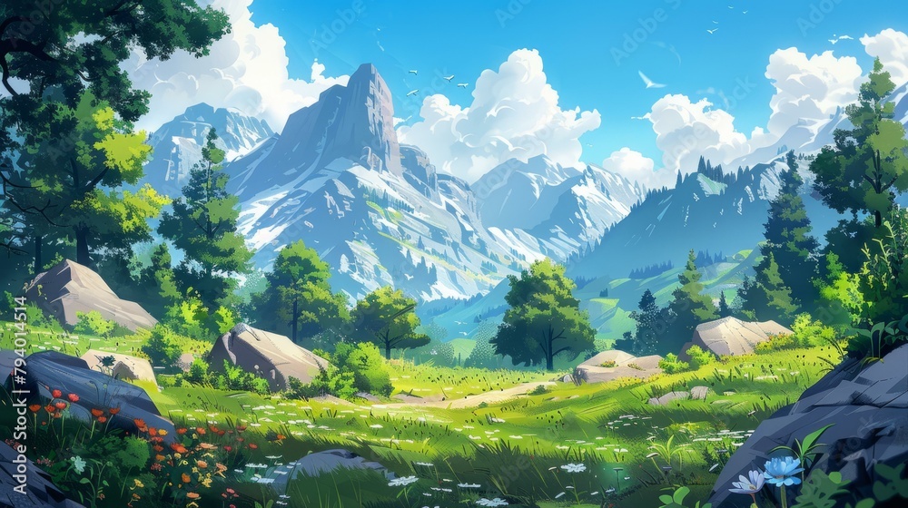 b'fantasy mountain landscape with rocks and flowers'