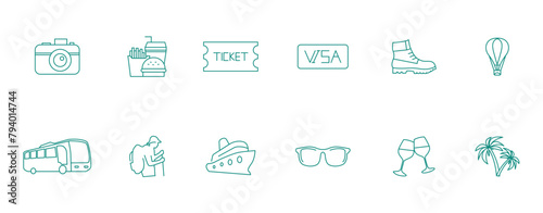 Global Escapades: Camera, Food, Ticket, Visa, Boot, Air Balloon, Bus, Hiker, Cruise Ship, Sunglasses, Wine Glasses, Beach Vector Icons