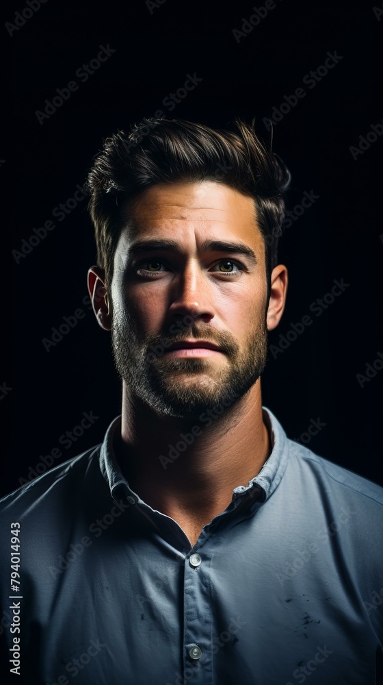 b'Portrait of a handsome young man with dark hair and green eyes wearing a blue shirt'