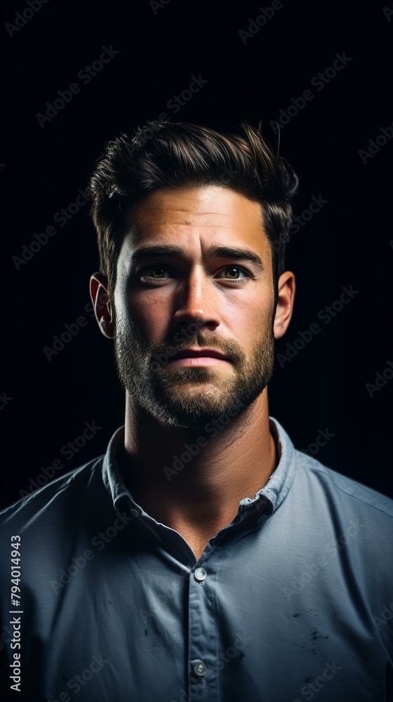 b'Portrait of a handsome young man with dark hair and green eyes wearing a blue shirt' b'Portrait of a handsome young man with dark hair and green eyes wearing a blue shirt'