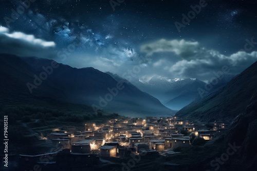 a serene midnight landscape where mist blankets the steep mountains and rivers twist and turn, creating an atmosphere of calm and introspection.