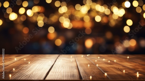 b'Empty wooden table with blurred lights in the background' photo