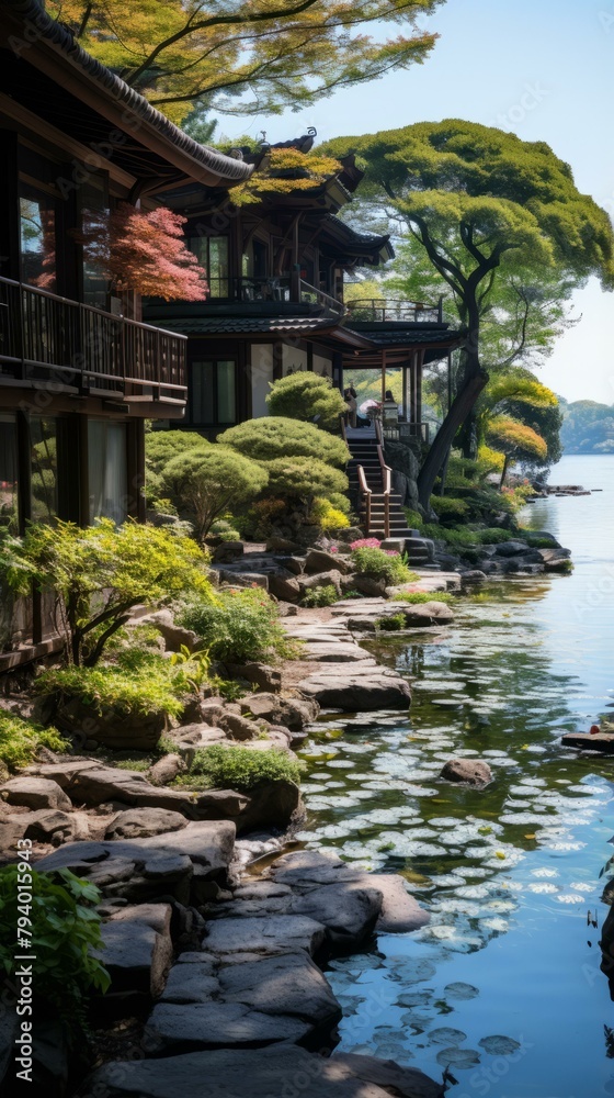 b'Japanese traditional house and garden near lake' b'Japanese traditional house and garden near lake'