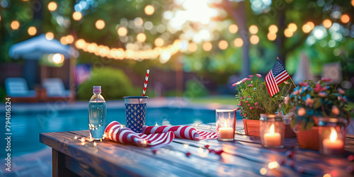 A traditionally laid dining table decorated with flowers near the pool. Beautiful glasses and porcelain dishes. The concept of celebrating U.S. Independence Day on July 4th. photo