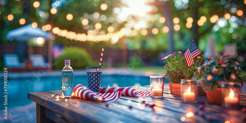 A traditionally laid dining table decorated with flowers by the pool.  glasses and porcelain dishes. The concept of celebrating U.S. Independence Day on July 4, presidential elections on November 5