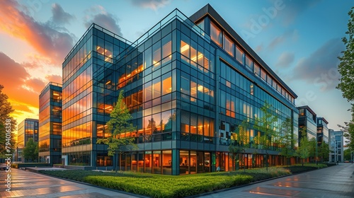 Modern commercial real estate complex at sunrise, showcasing glass facades and landscaped surroundings photo