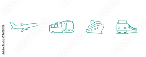 Transportation Travels: Airplane, Bus, Cruise Ship, and Train Vector Icons