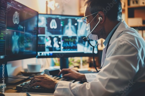 The doctor is wearing a mask and using a computer in a medical setting