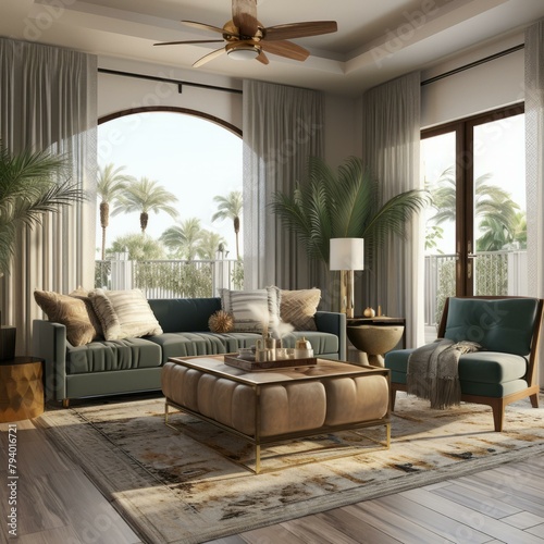 b'Modern living room interior with large windows, green sofa, and ottoman'