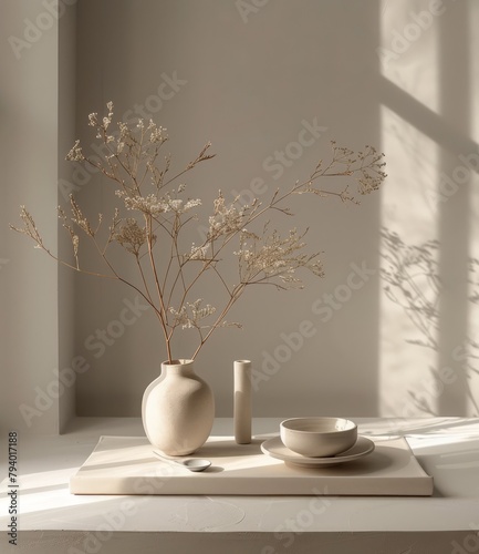 A Minimalist Still Life with a Single Stem of Baby's Breath in a Ceramic Vase