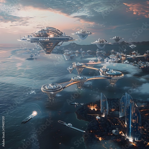 Stunning Futuristic Airborn Cityscape with Floating Spaceships and Illuminated Skyscrapers in the Night Sky photo