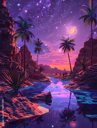 Enchanting Tropical Nightscape with Glowing Skies and Moonlit Shores