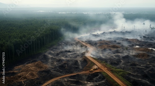 Aerial View of Severe Deforestation and Environmental Damage Caused by Logging Activities.
