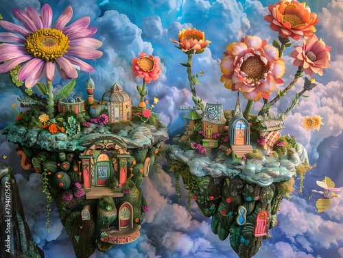 Whimsical Fairytale Landscape with Flowering Cottage Castle and Clouds