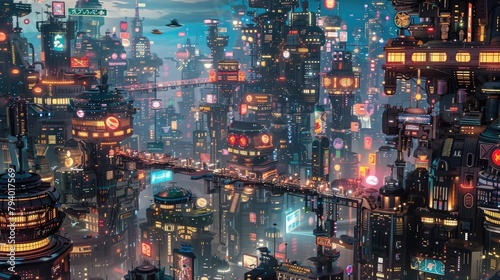 Miniature Humanoid Navigates Intricate Futuristic Cityscape of Towering Buildings and Flying Cars