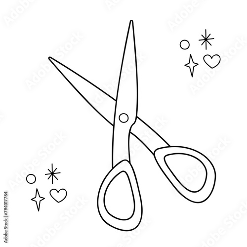 Scissors. Doodle outline vector black and white illustration.