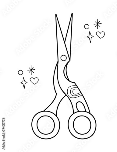 Heron scissors. Doodle outline vector black and white illustration.