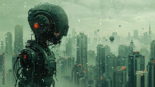 Cybernetic Organism Explores Dystopian Metropolis at Dusk photo