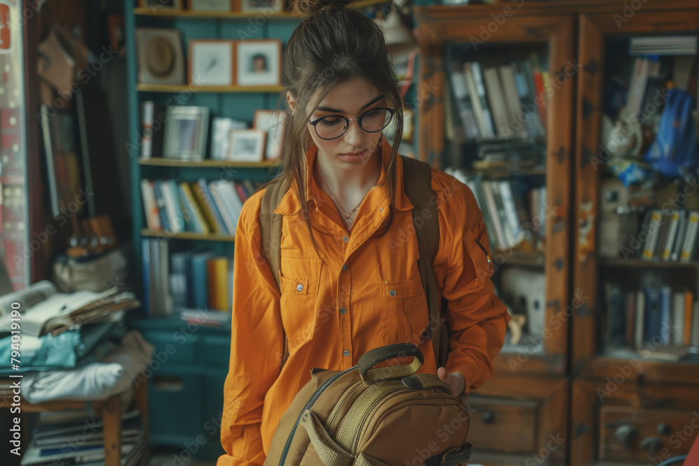 A beautiful girl with glasses in an office shirt collects a backpack in the living room, copy space