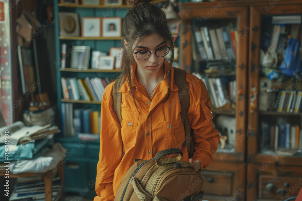 Fototapeta premium A beautiful girl with glasses in an office shirt collects a backpack in the living room, copy space
