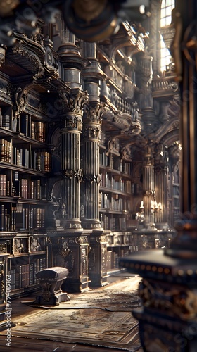 Vast and Ornate Medieval Library Filled with Antique Books and Decor