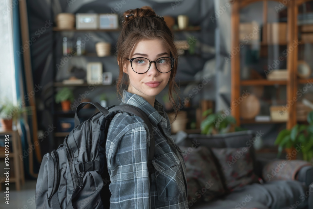 A beautiful girl with glasses in an office shirt collects a backpack in the living room, copy space A beautiful girl with glasses in an office shirt collects a backpack in the living room, copy space