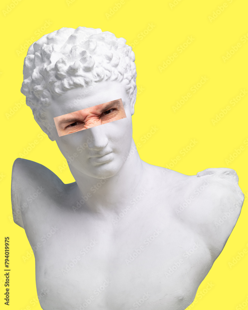 Antique statue bust with male angry eyes photo element on yellow background. Suspicious look. Modern design. Contemporary colorful art collage. Concept of creative vision, emotions. - obrazy, fototapety, plakaty 