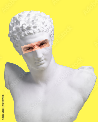 Antique statue bust with male angry eyes photo element on yellow background. Suspicious look. Modern design. Contemporary colorful art collage. Concept of creative vision, emotions.