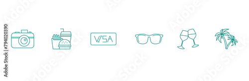 Globetrotter's Delight: Camera, Food, Visa, Sunglasses, Wine Glasses, Beach Vector Icons