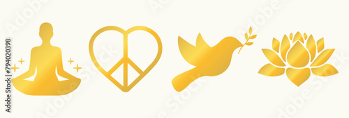 Peace, love, heart, mental health, consciousness, flower. Yoga, care, mind, happy, health, well-being, body, human. Flight, freedom, bird. Icon, symbol, vector