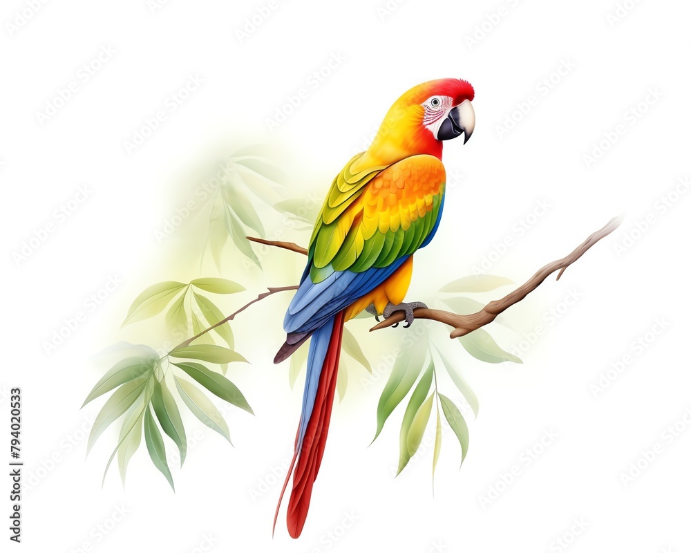 Parrot , Colorful parrot perched on a vibrant tropical branch
