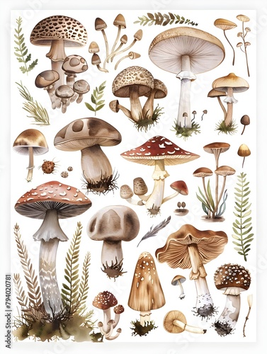 Watercolor Clipart Detailed of Vintage Mushrooms and Plants on Earthy Tones photo