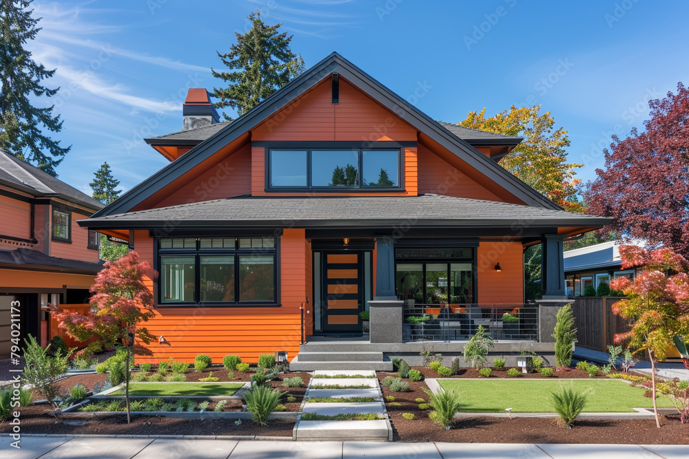 A modern burnt orange craftsman cottage style home, featuring a triple pitched roof, front yard landscaping, a straightforward sidewalk, and striking curb appeal.