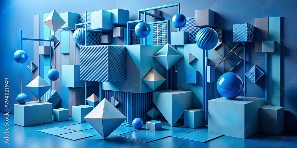 A variety of geometric shapes are arranged in a visually engaging composition, predominantly featuring shades of blue. Solid and patterned objects, including spheres, cubes, and pyramids.AI generated. A variety of geometric shapes are arranged in a visually engaging composition, predominantly featuring shades of blue. Solid and patterned objects, including spheres, cubes, and pyramids.AI generated.