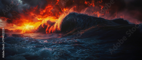 Fiery wave crashing during sunset photo