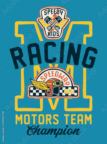 Speedway kids racing motor team cute vector print for children t shirt with applique  embroidery patches