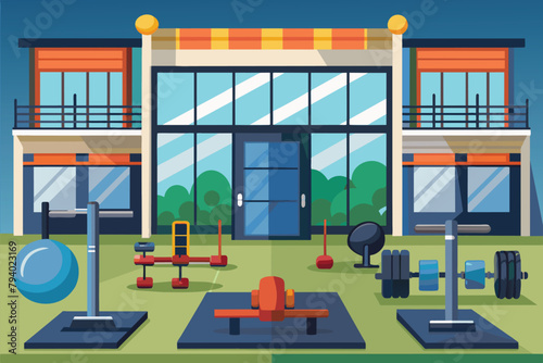 Modern Gym Exterior with Outdoor Fitness Equipment Illustration