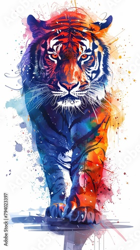 Vertical portrait card design of tiger in multicolor watercolor style photo