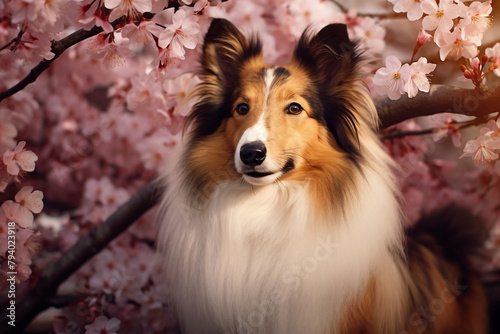 a collie dog is sitting in a tree with pink flowers on it's branches and a branch with pink blossoms