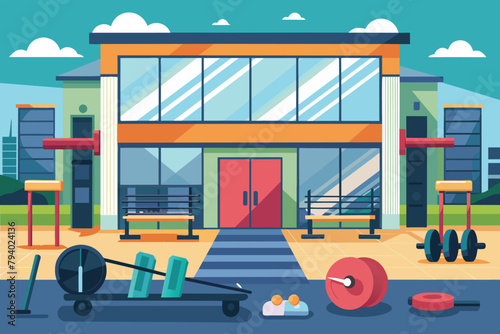 Modern Gym Building Exterior with Fitness Equipment Illustration