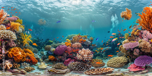 Vibrant Coral Reef with Diverse Marine Life and Sunlight Filtering Through Crystal Clear Ocean Waters © SHOTPRIME STUDIO