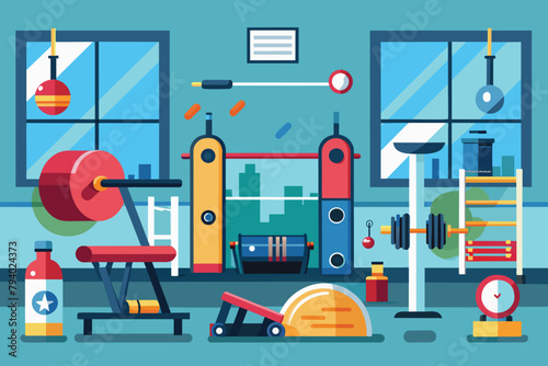 Modern Gym Interior with Fitness Equipment and City View - Flat Design Illustration