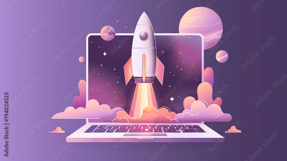 Conceptual illustration of a rocket launching into space from a laptop ...