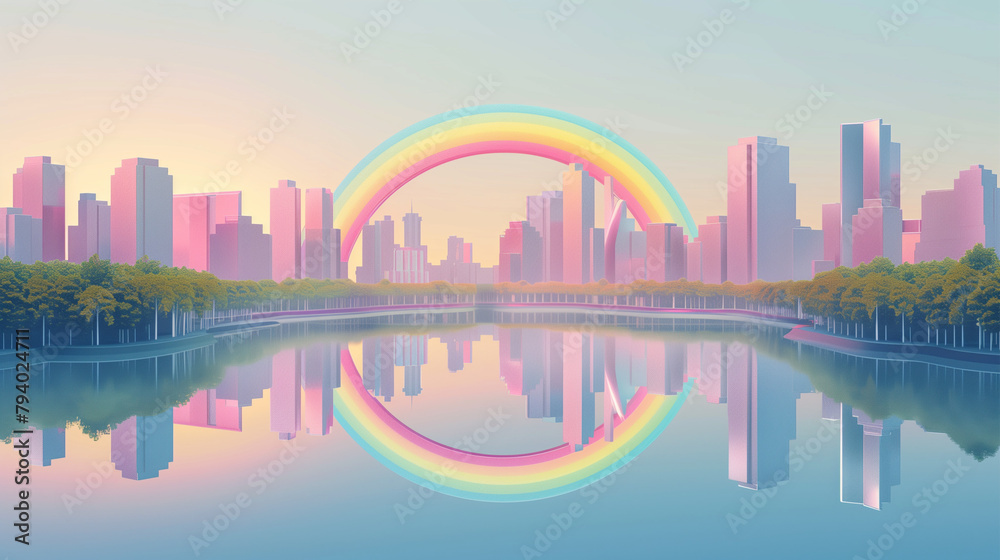 **A digital illustration of a simple rainbow arching over a minimalist cityscape, reflecting in a serene river that runs through the city. The sky is clear and the mood uplifting.