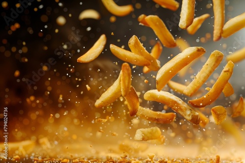 flying delicious potato fries on a cinematic background, photography 